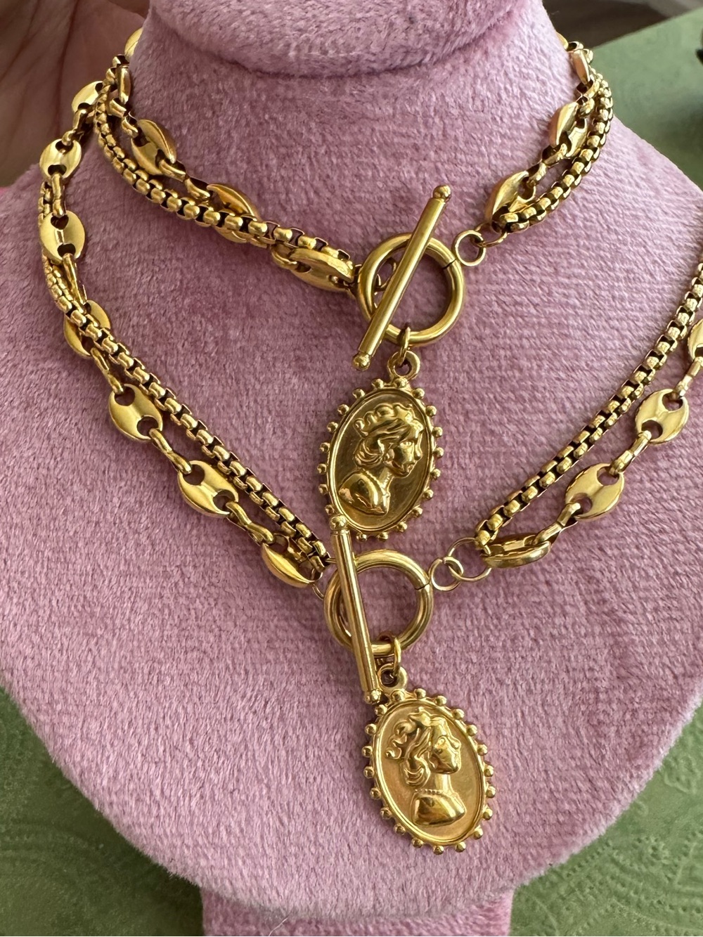 Matching Set: Bracelet 7” and Necklace 16” Gold Tone Toggle